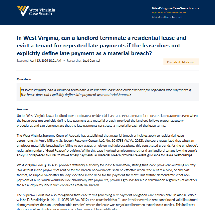 First page of a branded WVCS legal memorandum PDF, with navy header, question, answer, and cited opinions.