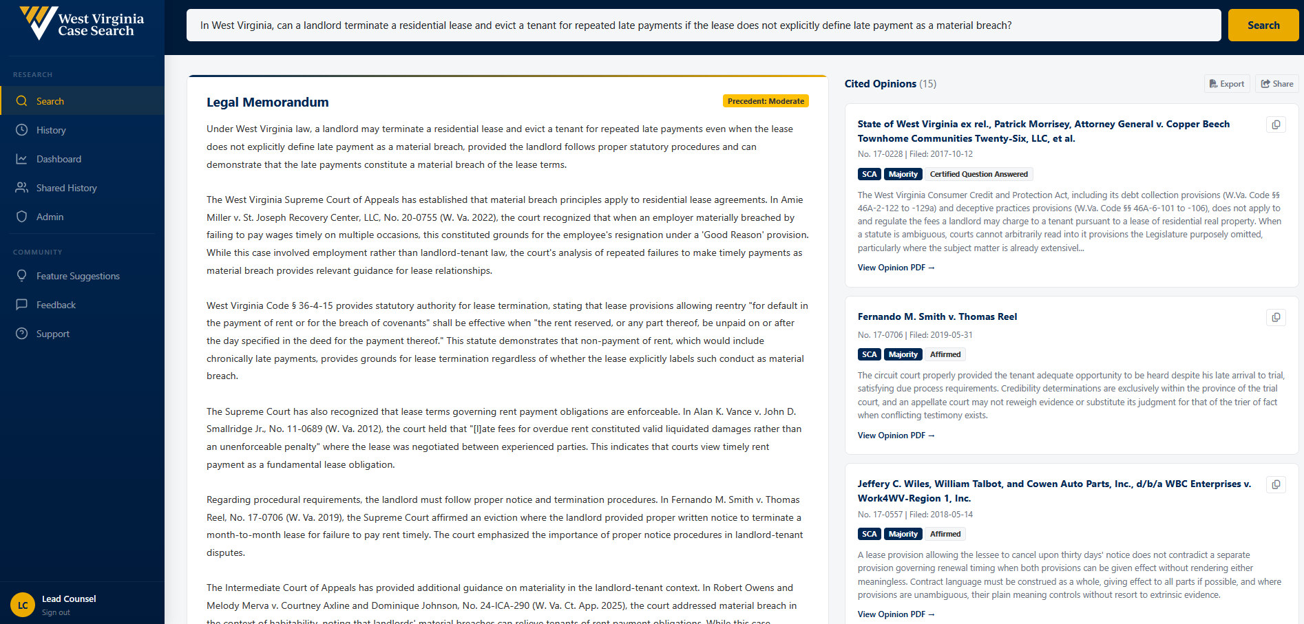 A real West Virginia Case Search result: a cited legal memorandum answering a landlord-tenant question, with a panel of cited WV opinions on the right.