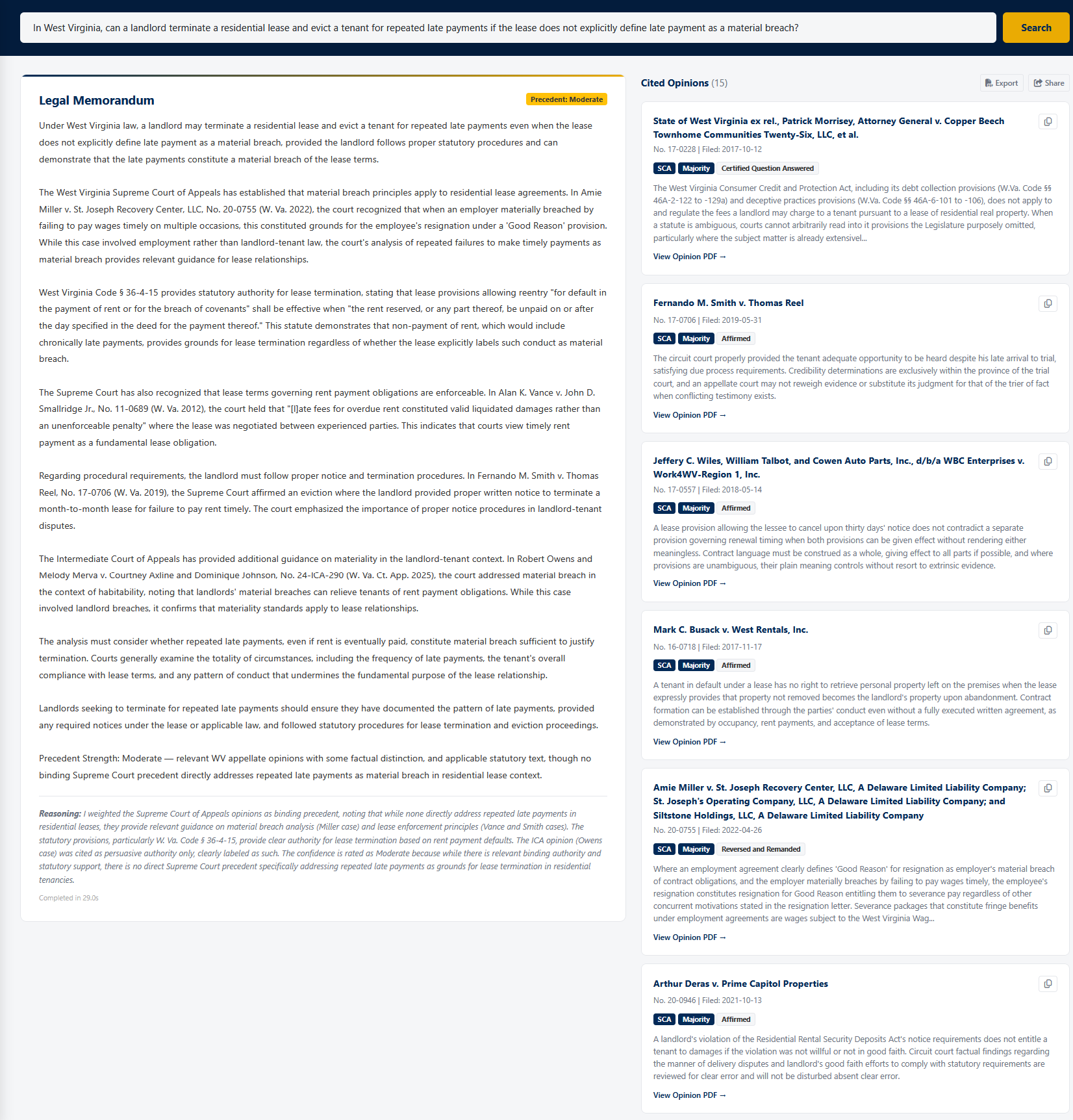 Example West Virginia Case Search result showing a legal memorandum with cited opinions