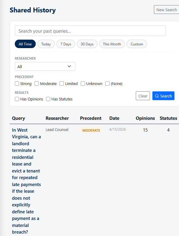 WVCS Shared History view: filter bar with date and precedent filters, researcher picker, and a firm-wide query table.
